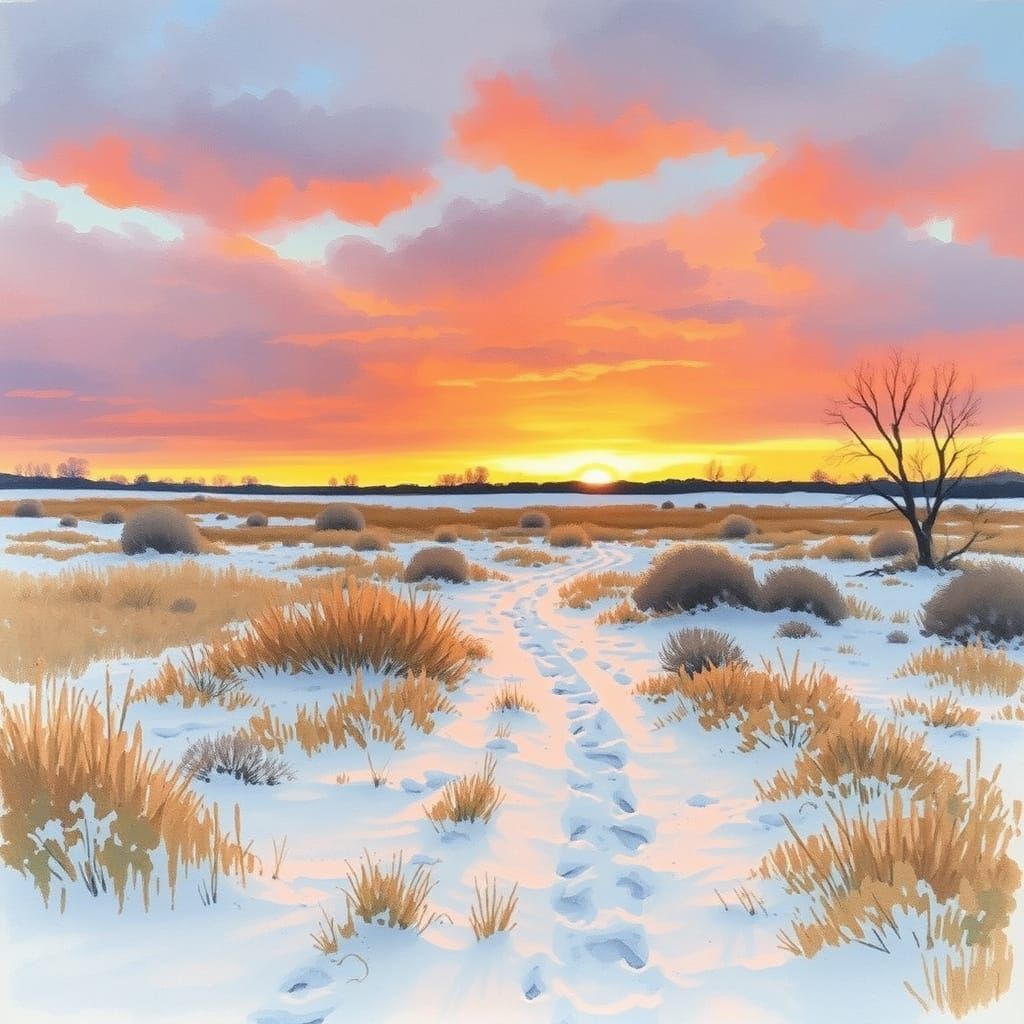 Watercolor Sunrise Over Snowy Prairies