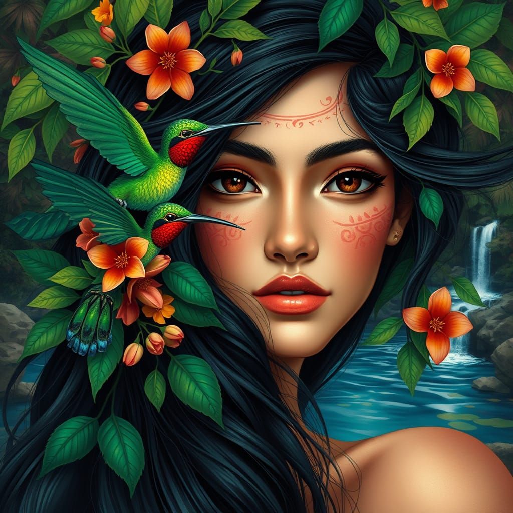 Ethereal Rainforest Goddess with Vibrant Hummingbird