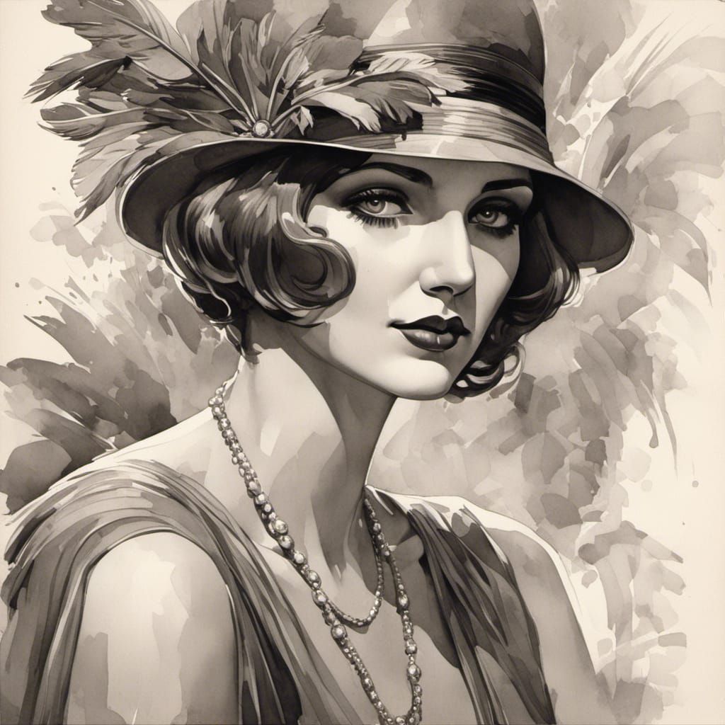 Vintage Art Deco Portrait of a Flapper Woman