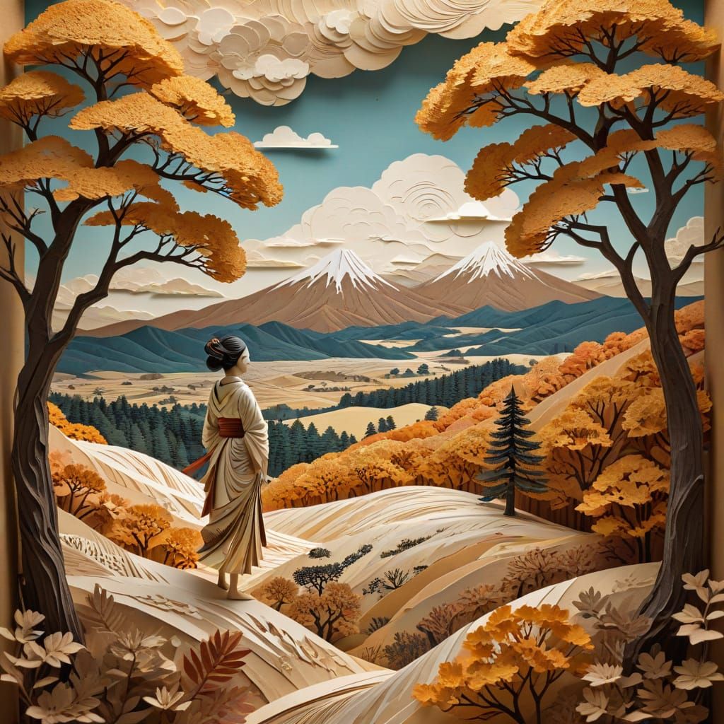 Warm Autumn Valley in Whimsical Paper Collage