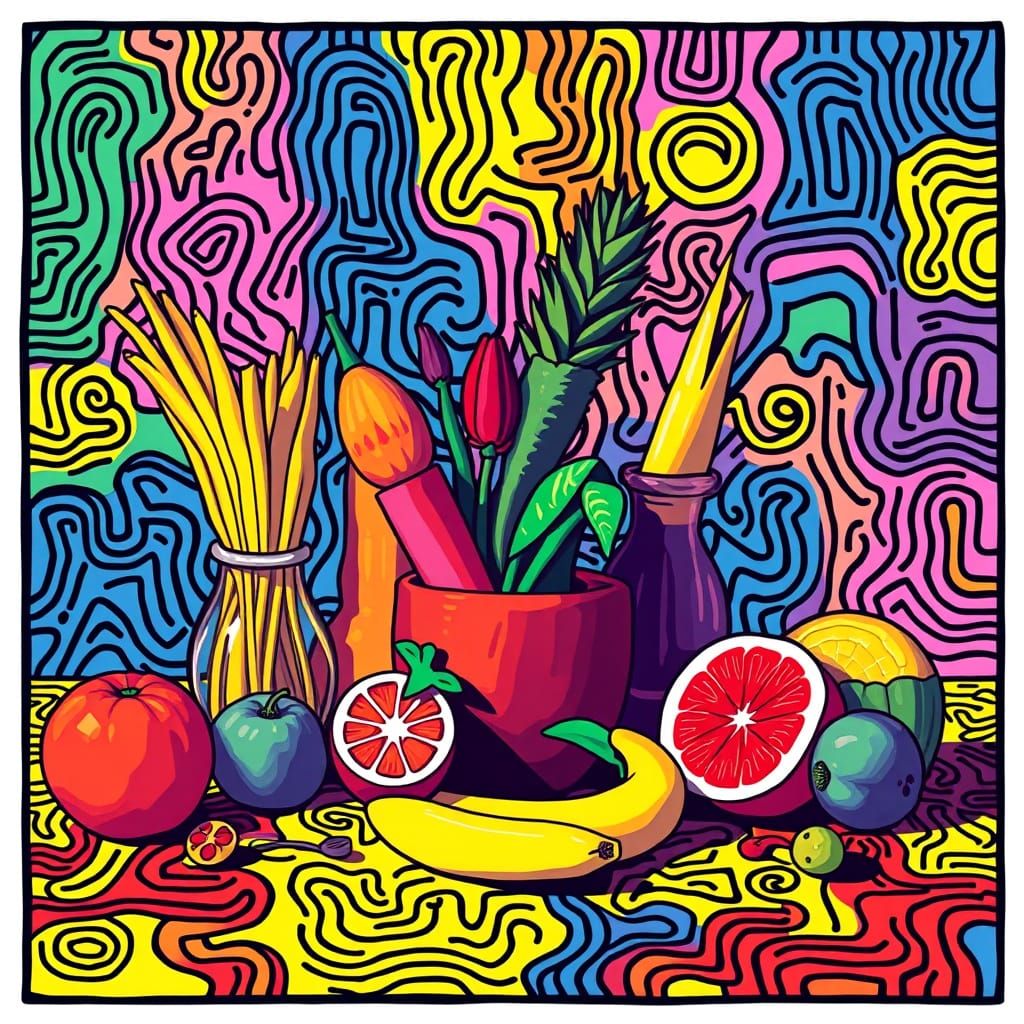 Vibrant Still Life in Keith Haring Style
