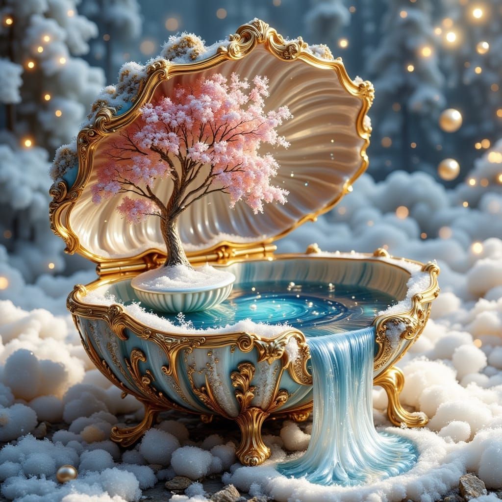 Golden Sapphire Clam Music Box with Winter Wonderland