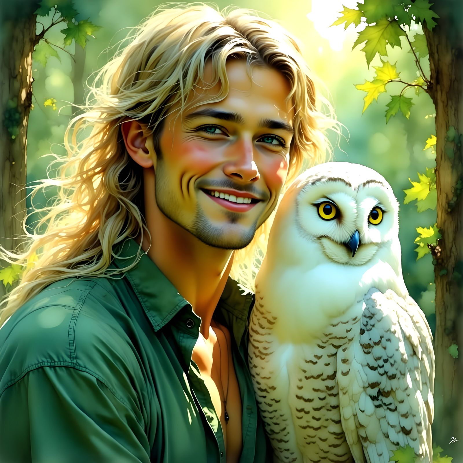 Godlike Man in Emerald Green, Holding a Snow Owl in a Light ...