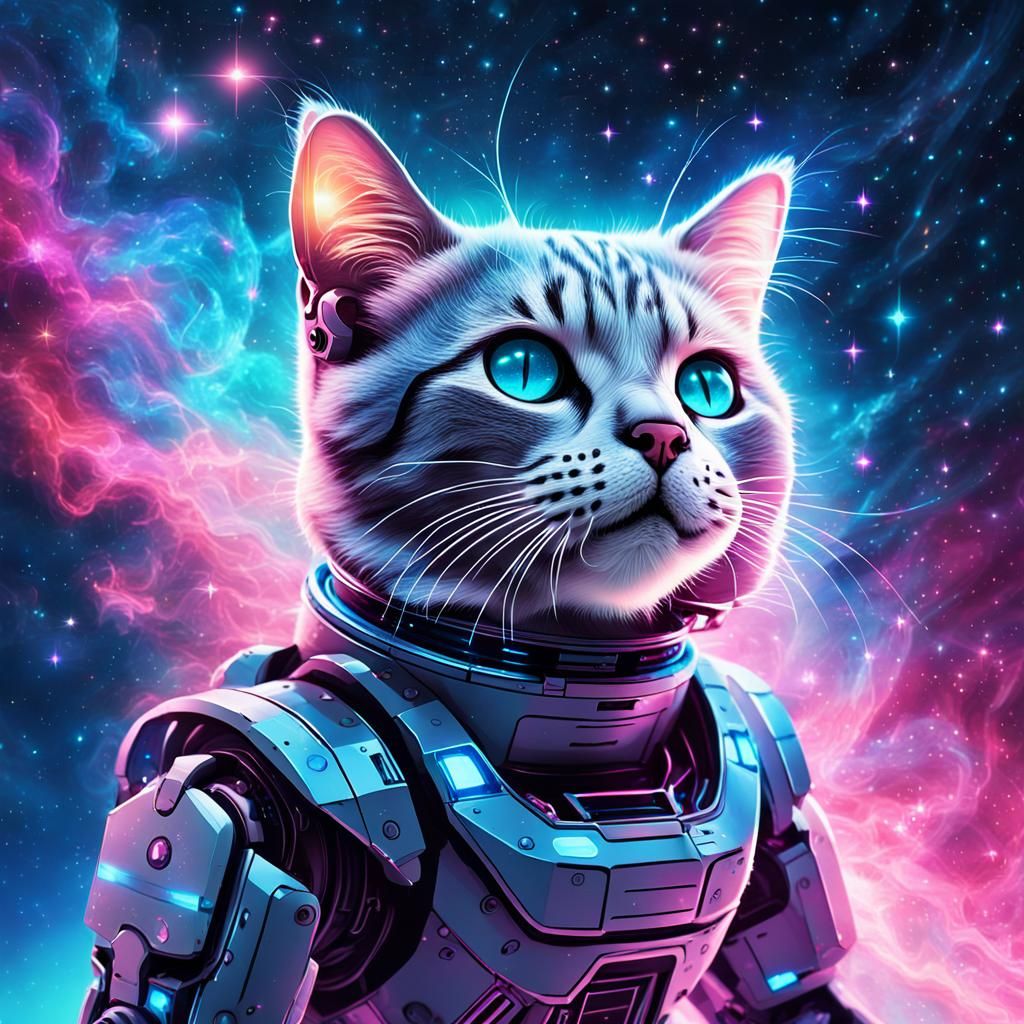 Robot Cat Pierces the Nebula in Futuristic Elegance