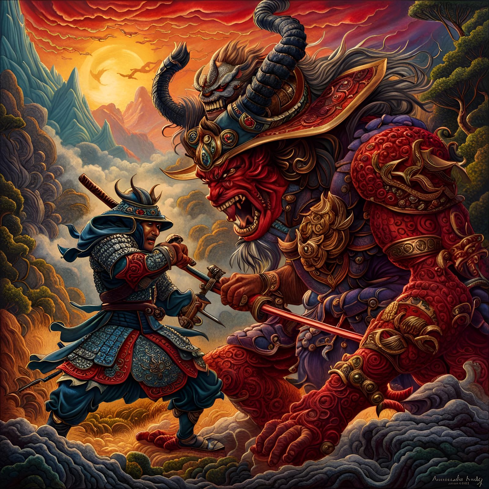 A samurai battles a foul Oni