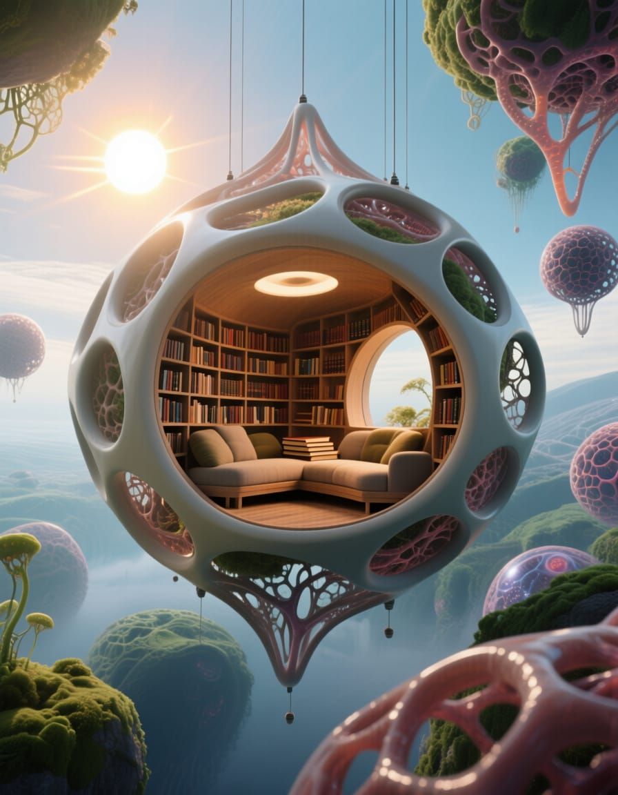 Cosy Floating Cubby in an Eternal Library Under Profoundly L...
