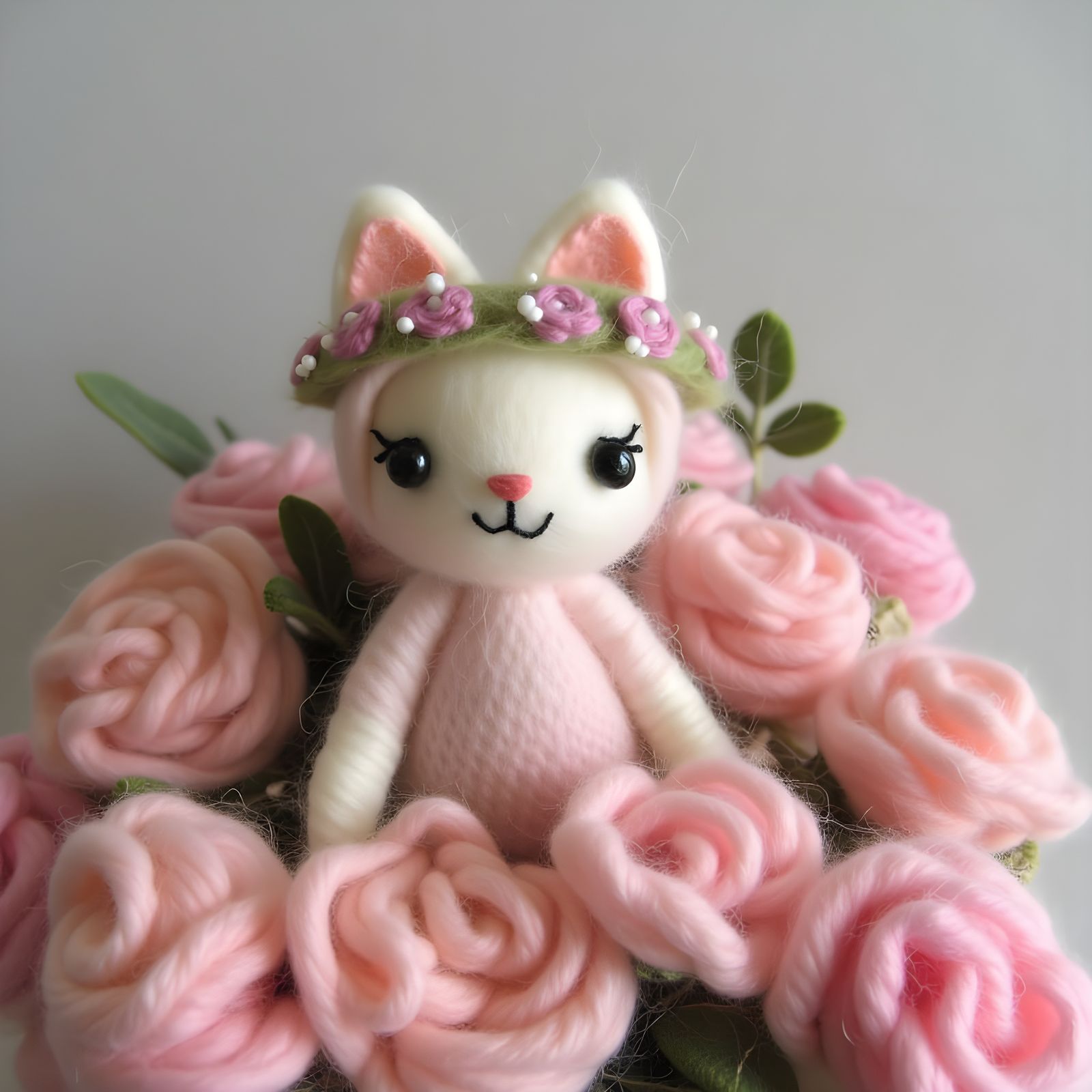 Felted Pearl Cat in Roses, a 3D Fiber Art