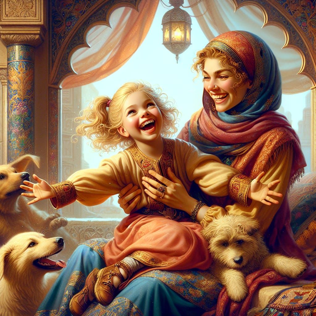 Joyful Mother and Daughter Portrait in Romanticism Style