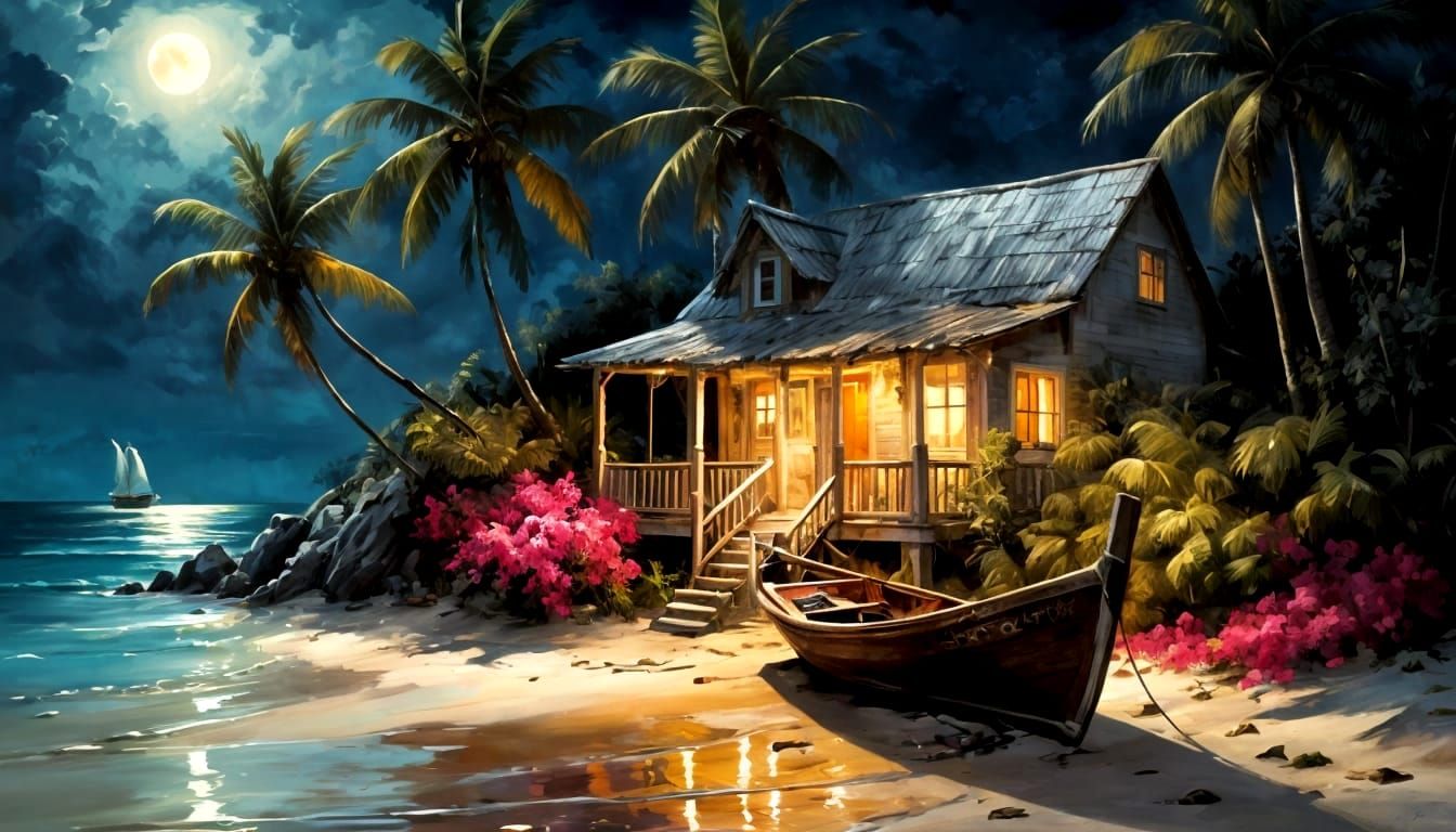 Moonlit Fisherman's Cottage on Caribbean Beach