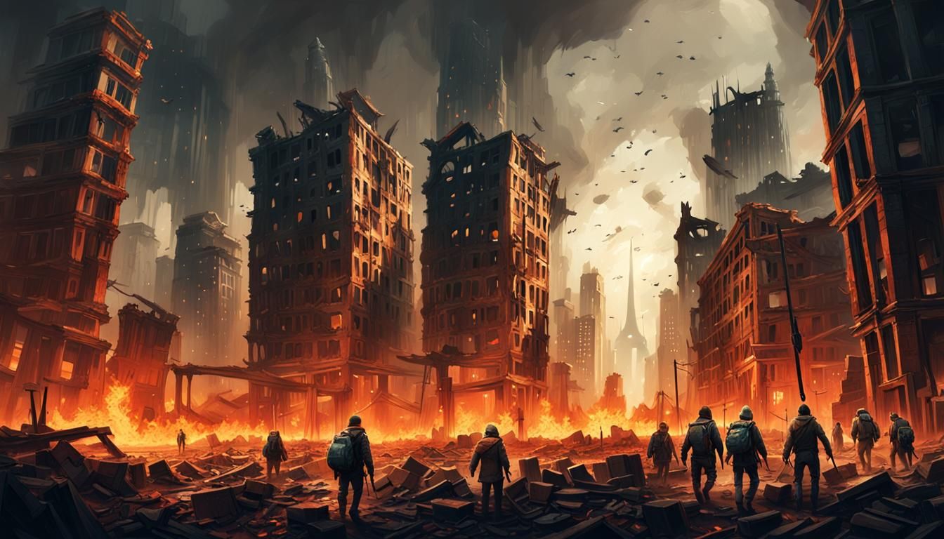 Post-Apocalyptic City Ruins in Eerie Oil Painting