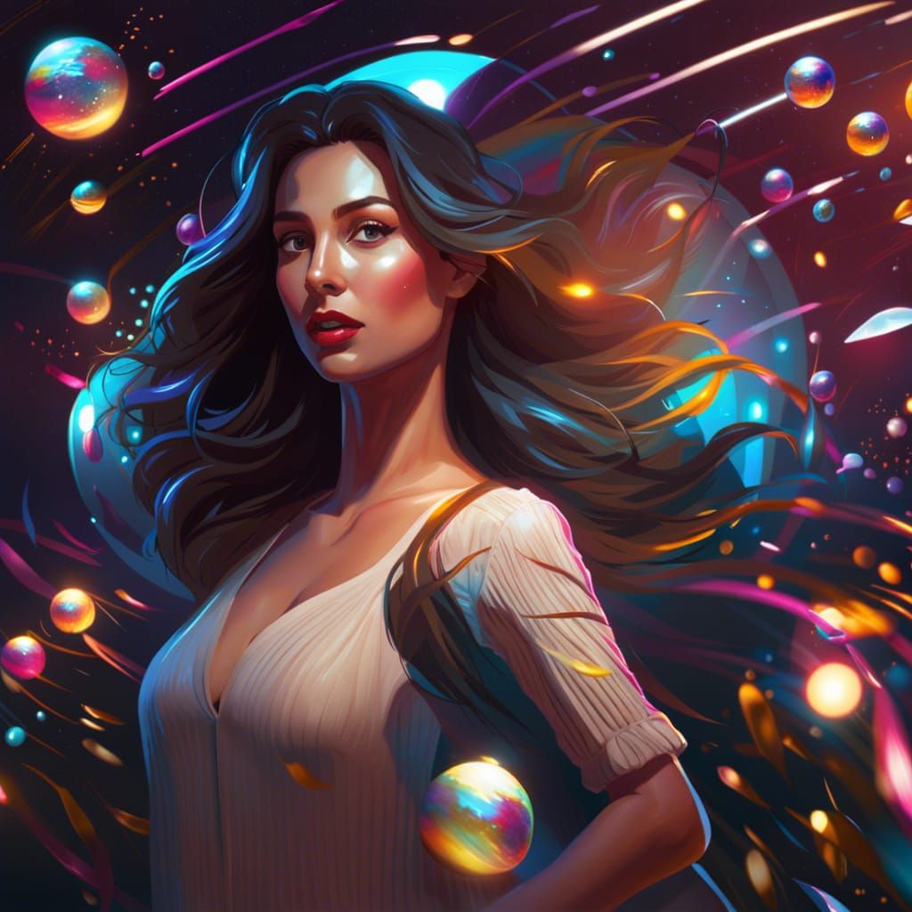 Excited Woman in Windy Night with Glowing Orbs