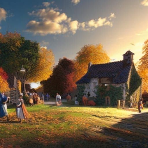 Autumn Harvest in Crowded Medieval Village