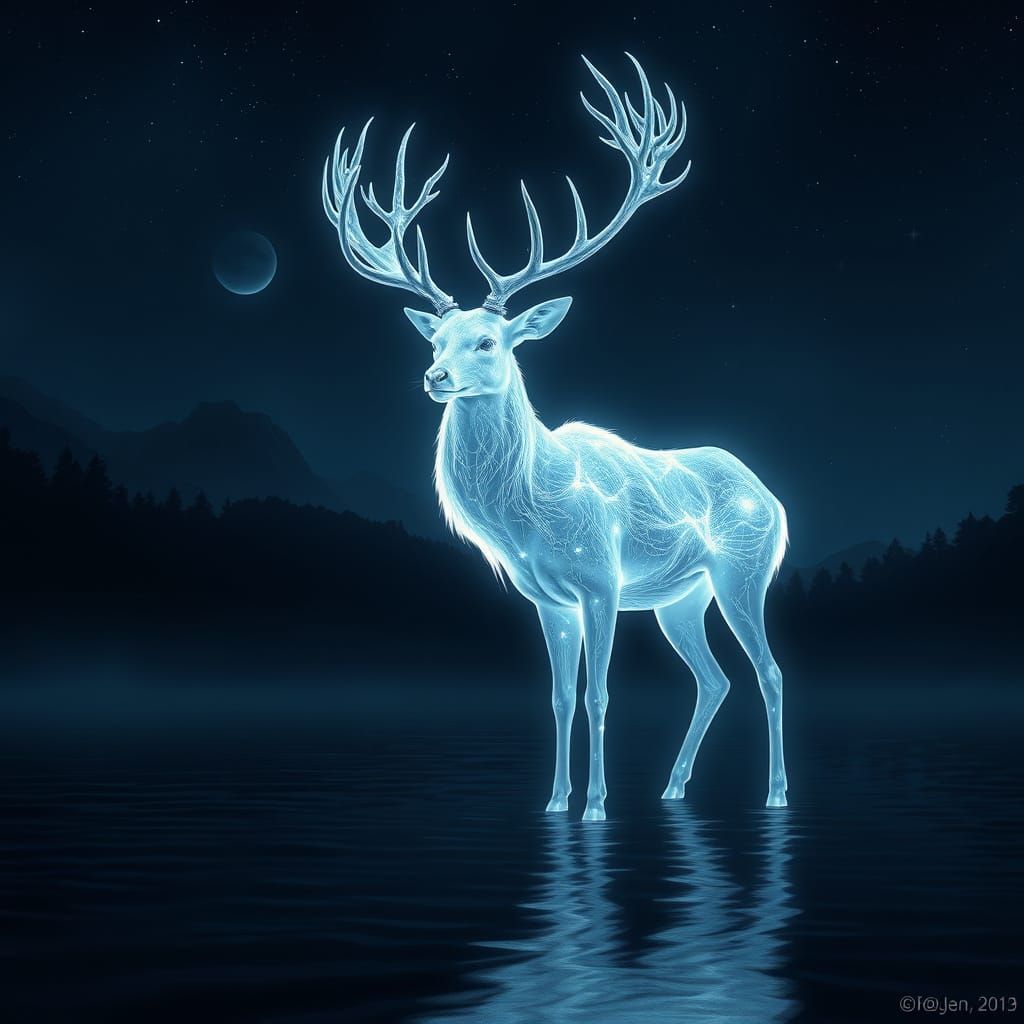 Ethereal Deer Guardian in a Forest Lake