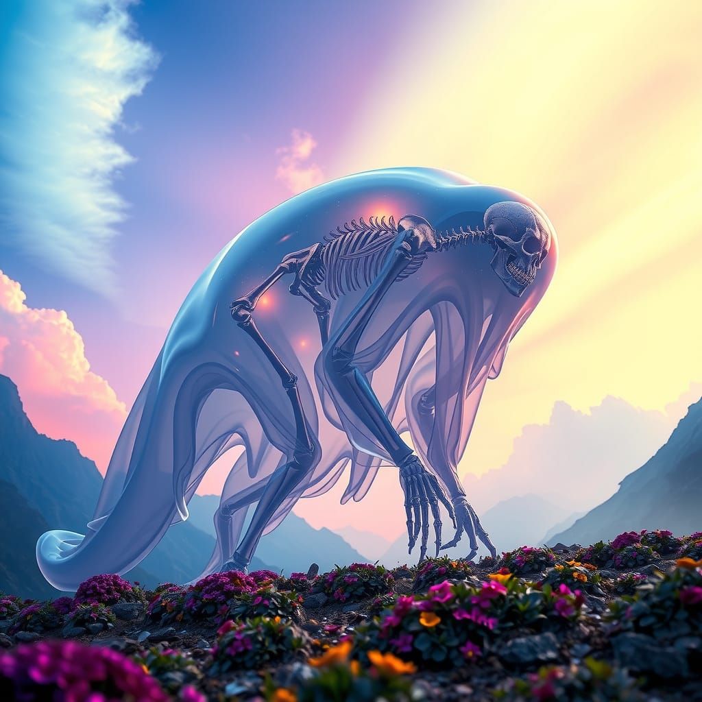Translucent Slime Creature in Dreamlike Valley