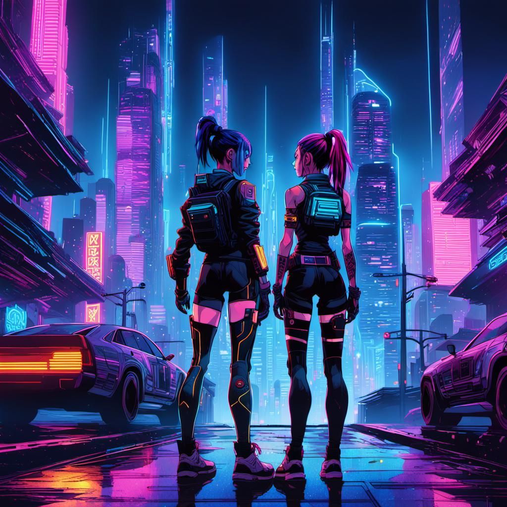 Cyberpunk Jinx and Vi in Neon Cityscape