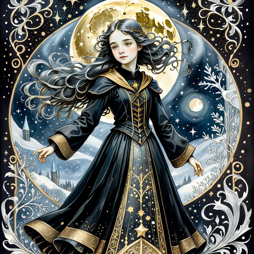 Victorian Gothic Hogwarts in Winter Moonbeams