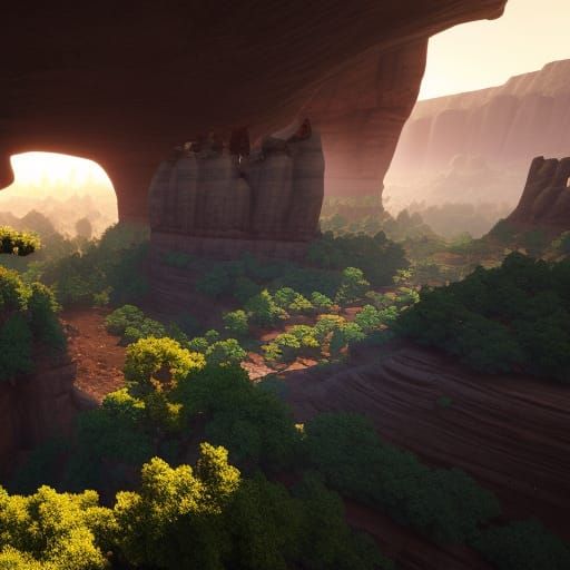 Canyons and Volcanoes Under Green Sky in 3D