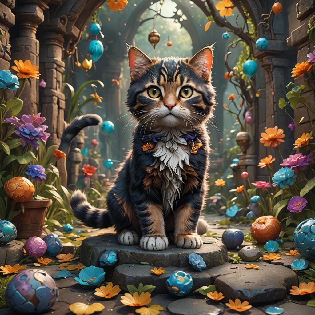 Cute Cat in Garden: Fantasy Concept Art
