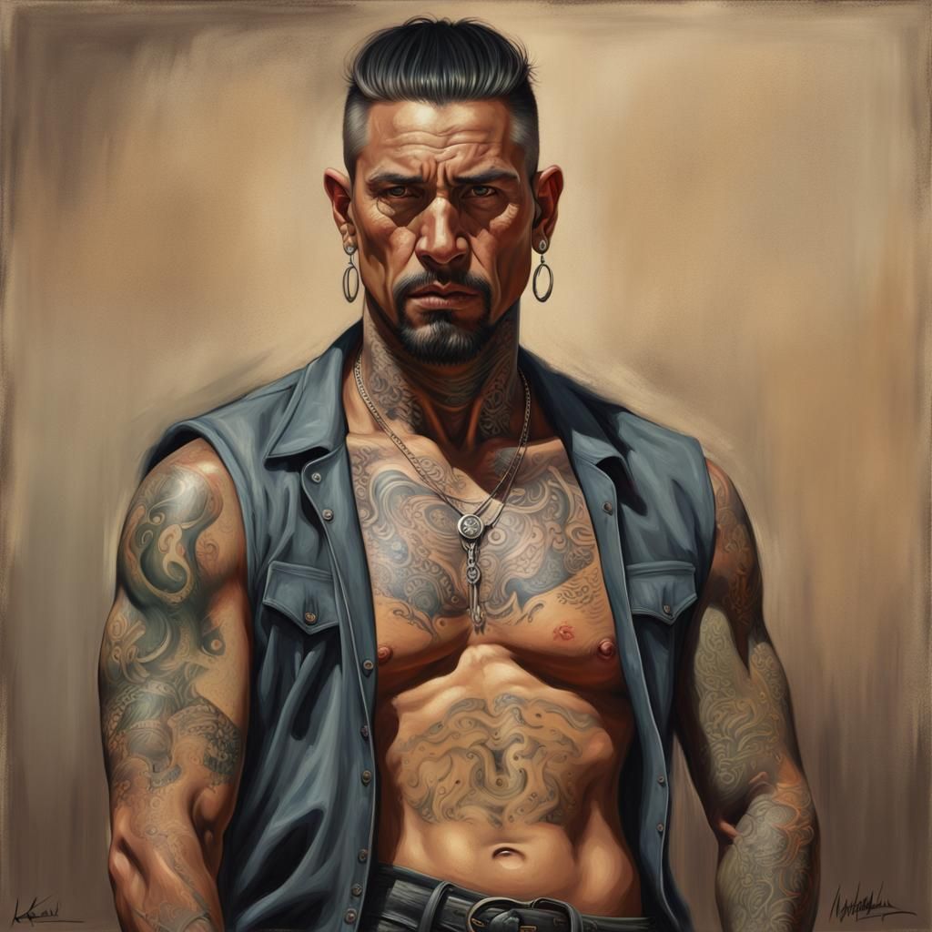 Badass Cholo Latino Man Portrait in Digital Oil