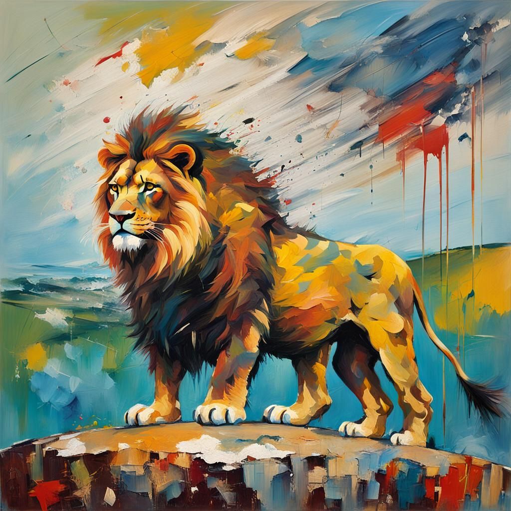 Lion on Cliff in Abstract Expressionist Impasto Style