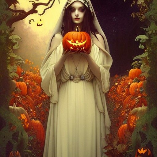 Halloween Queen with Cat in Graveyard, Detailed Painting