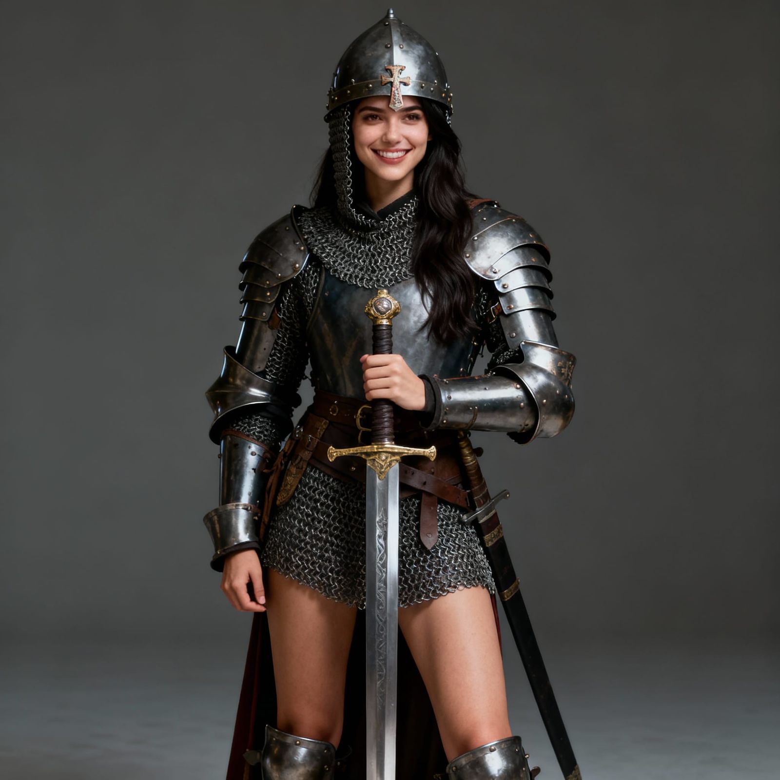 Medieval Knight Woman in Realistic Armor Holding Sword