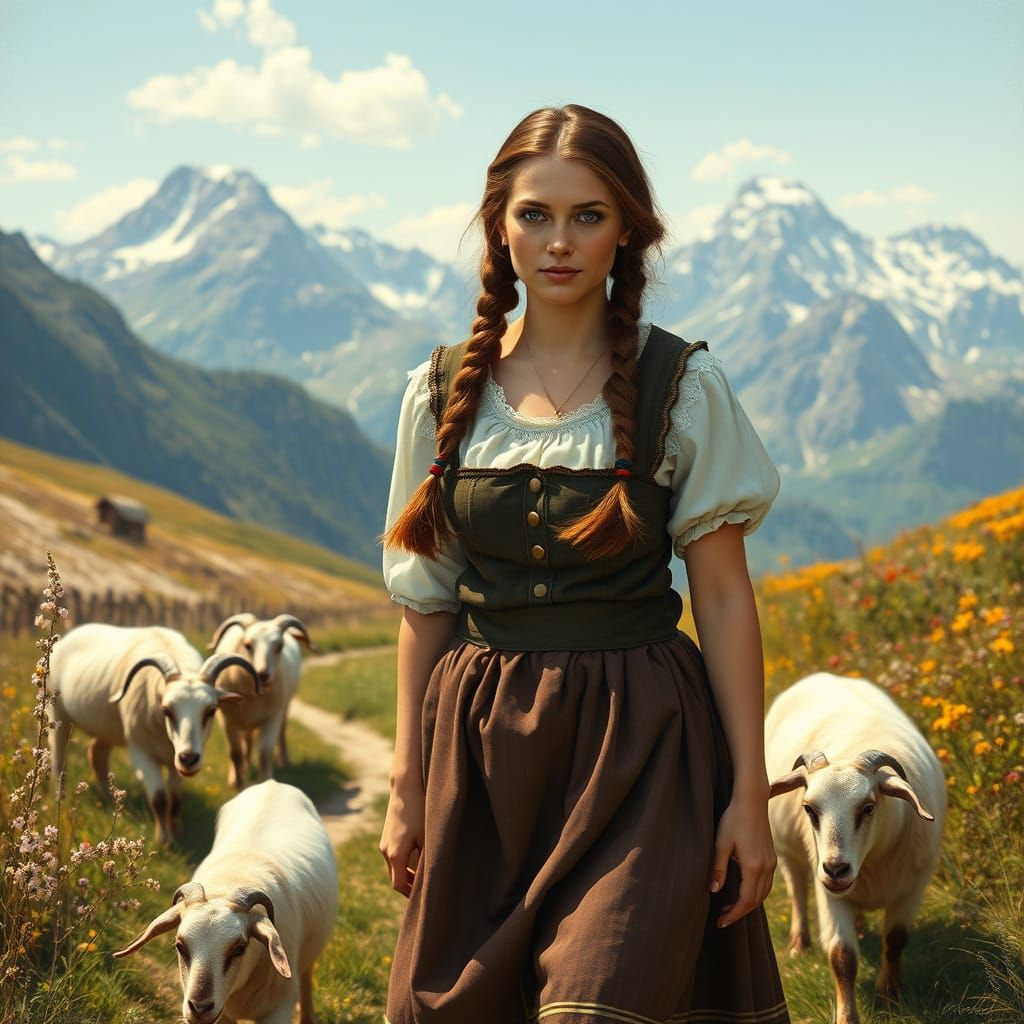 Swiss Woman Herding Goats in Alpine Meadow