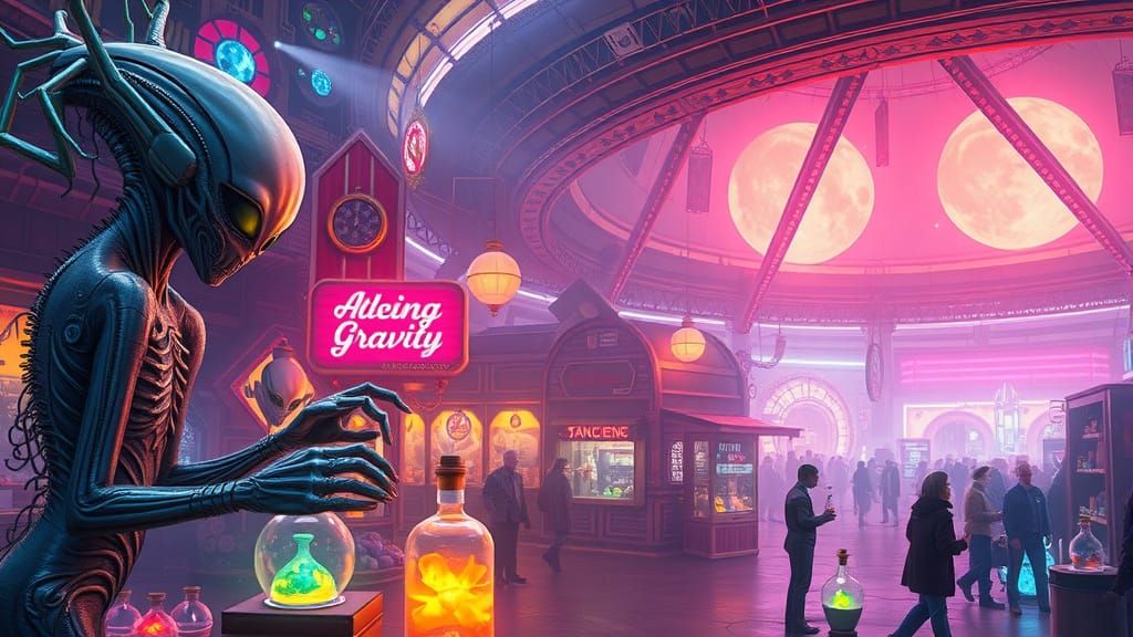 Exoplanet Bazaar with Alien Vendors in Sci-Fi Style