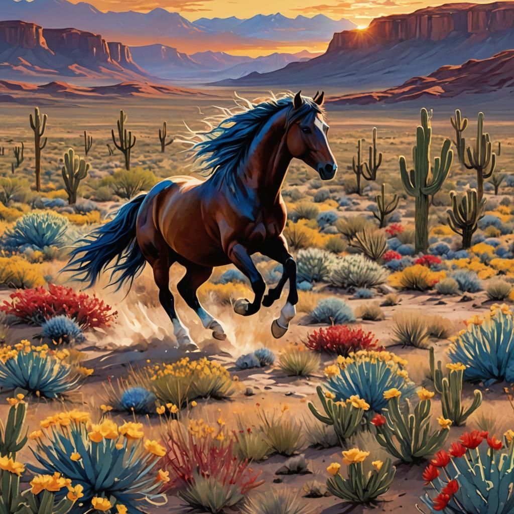 Vibrant Desert Oasis with Wild Horse and Seguro Cactus