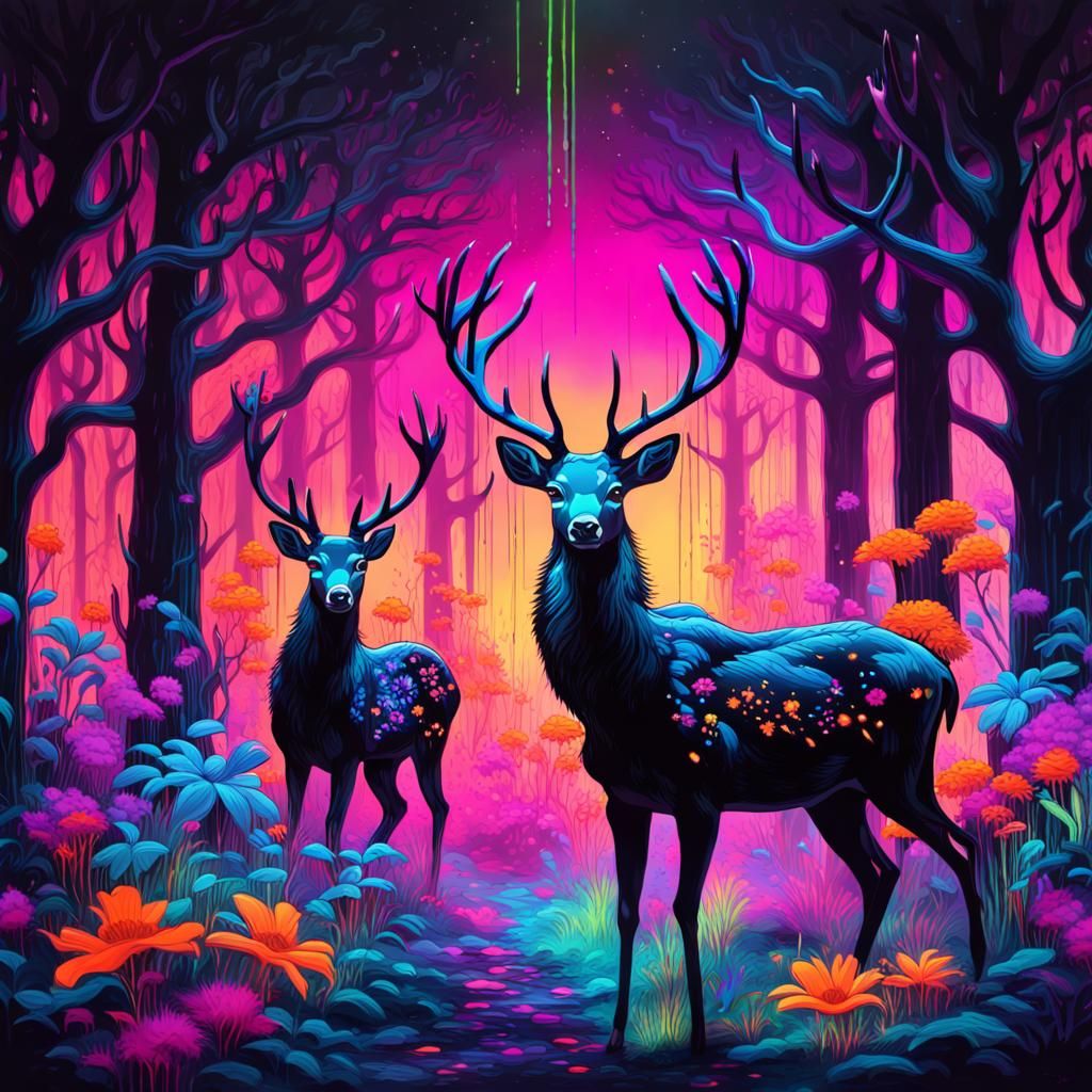magical deers roaming free in a surreal and dreamy forest filled with vibrant neon glowing flowers where wildlife flour...