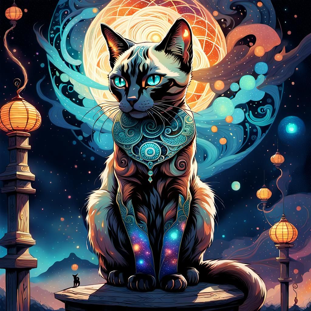 Siamese Cat Under Nebula in Digital Painting Style