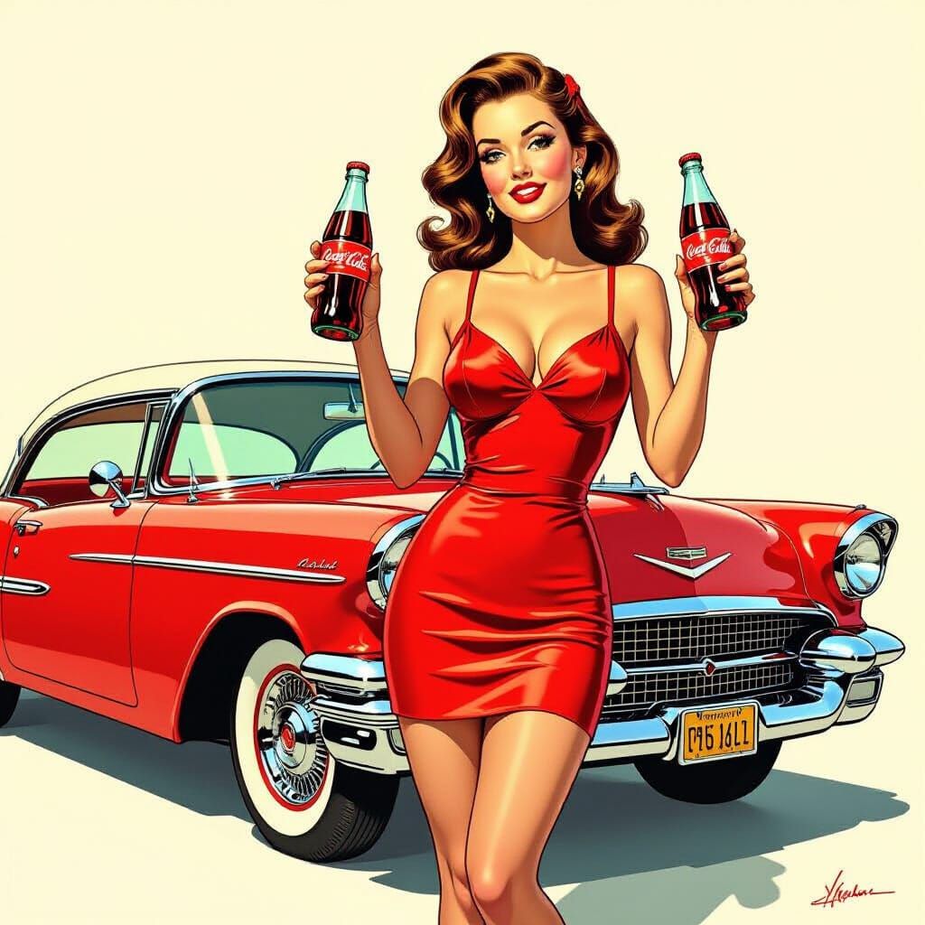 Pinup Girl with Cola and Oldsmobile, Illustration Style