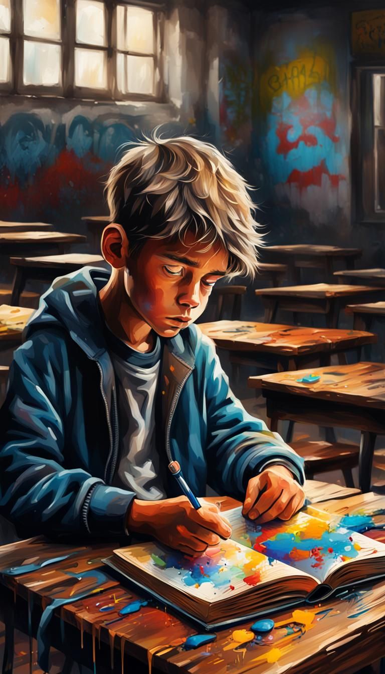 Sad Boy at School in Graffiti Art Style