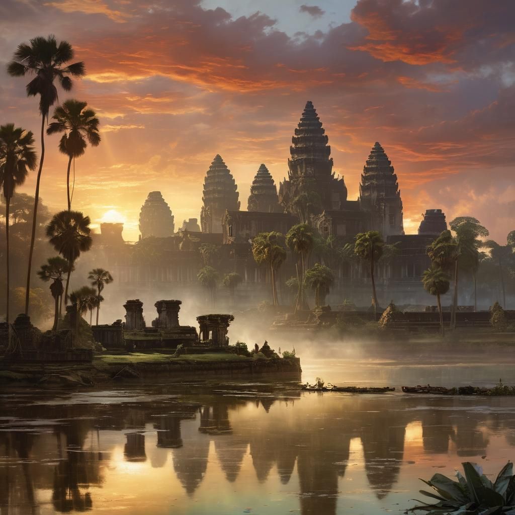 Angkor Wat Sunset Reflection: Thomas Moran Style