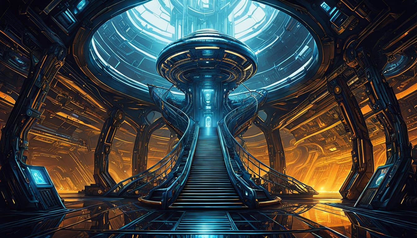 Mystical Being Amidst Cosmic Ship's Whirling Vortex