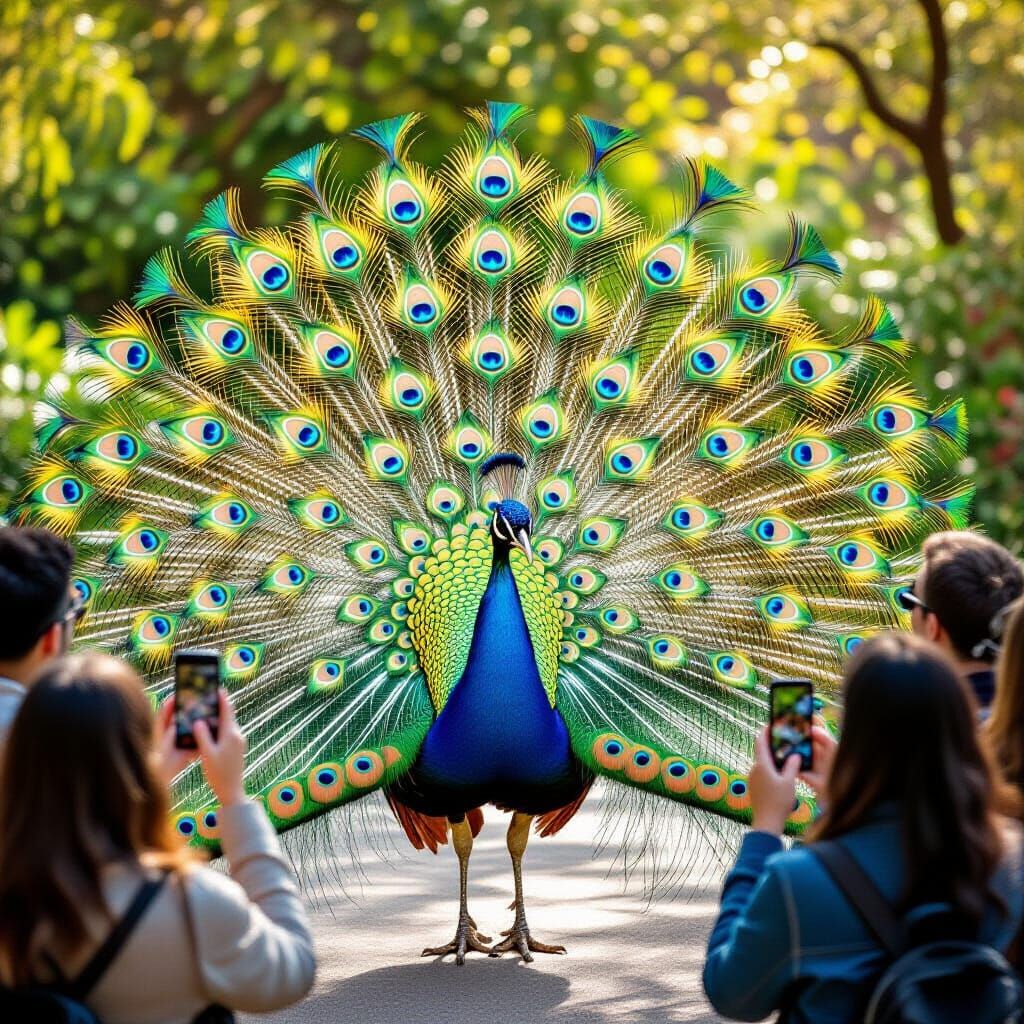 Brilliant Blue Peacock Displays Feathers in Zoo Garden