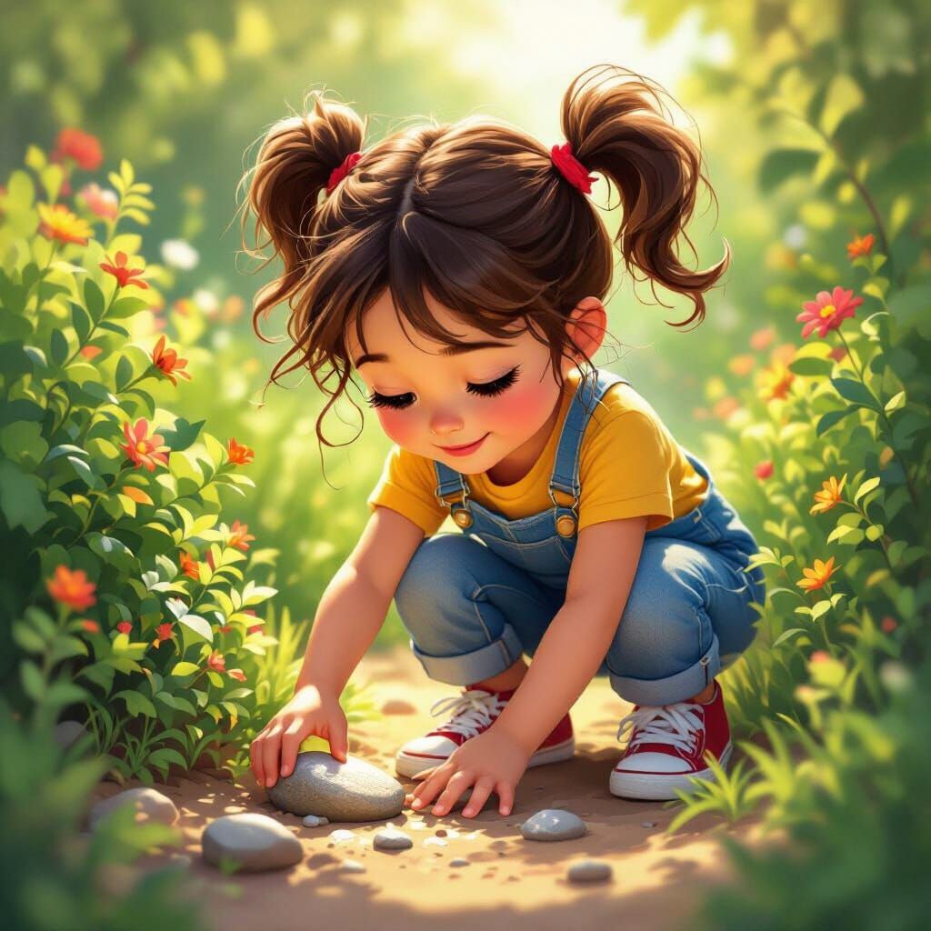 Lina the Explorer in a Sunny Garden, Digital Art