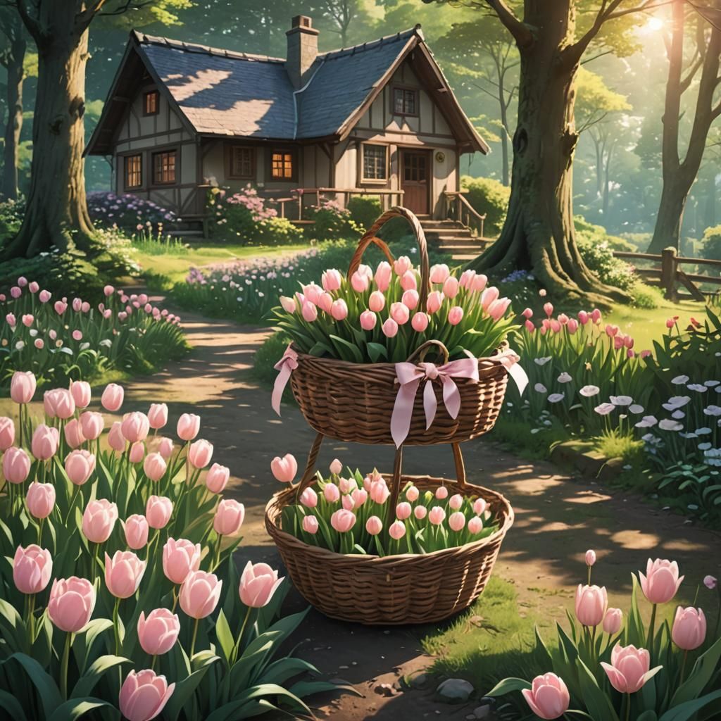 Coquette Tulips in Forest Cottage, Anime Style