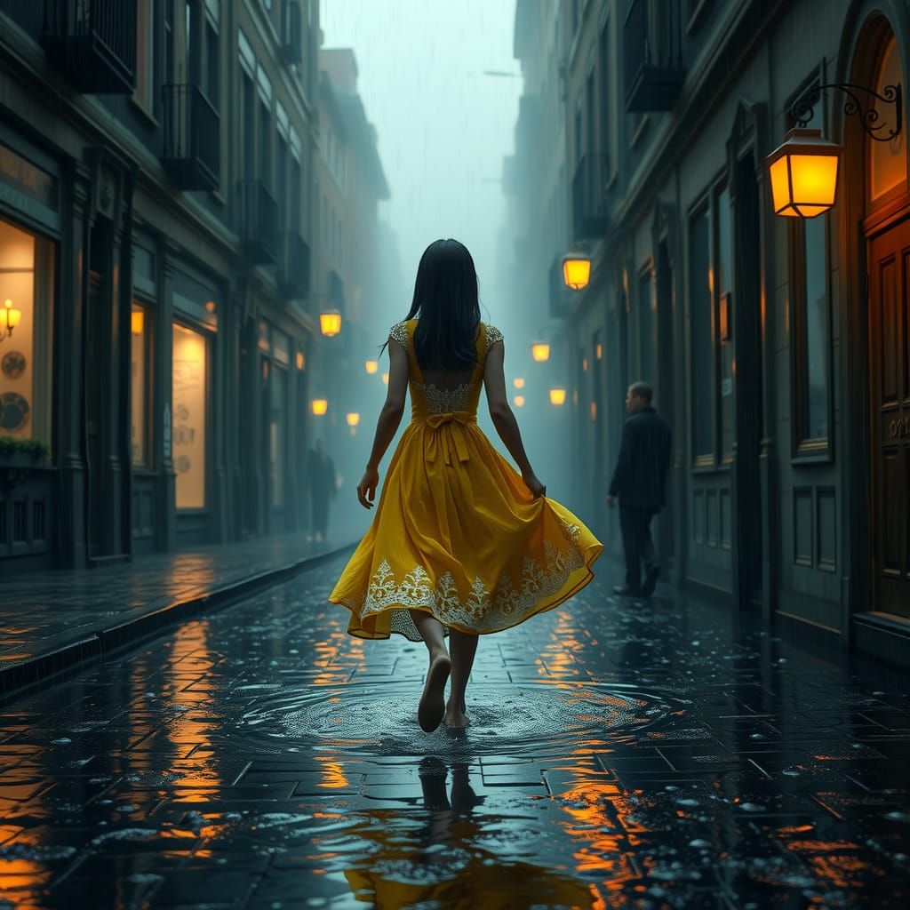 Girl in Yellow Dress Walks Rainy Cobblestone Street