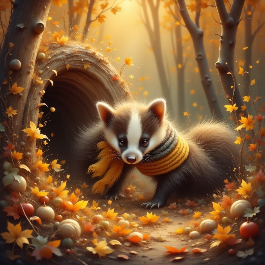 Curious Badger in Autumn Sunlight, Hyperrealistic Digital Pa...