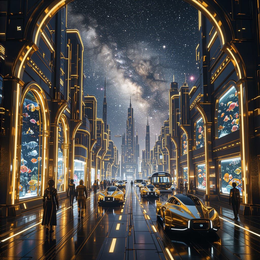 Gleaming Futuristic City Under Milky Way, Gold Accents