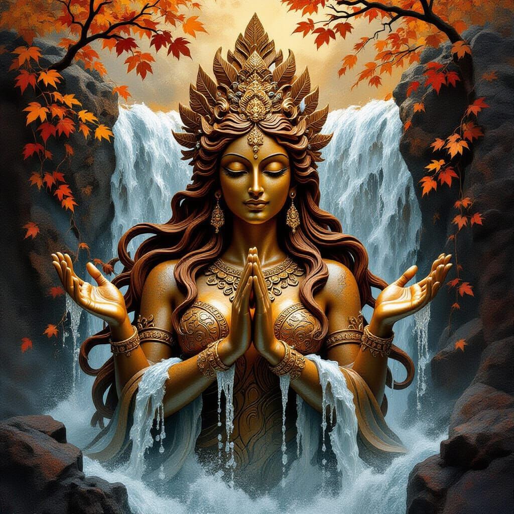 Autumn Waterfall Deity in Gustave Doré Engraving Style