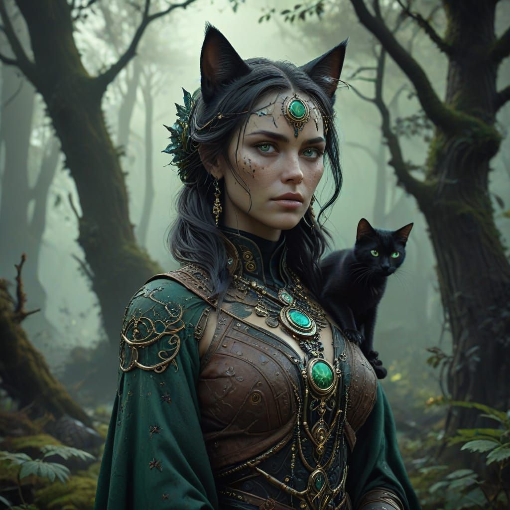 Regal Woman Surrounded by Whimsical Dreamlike Landscape in E...