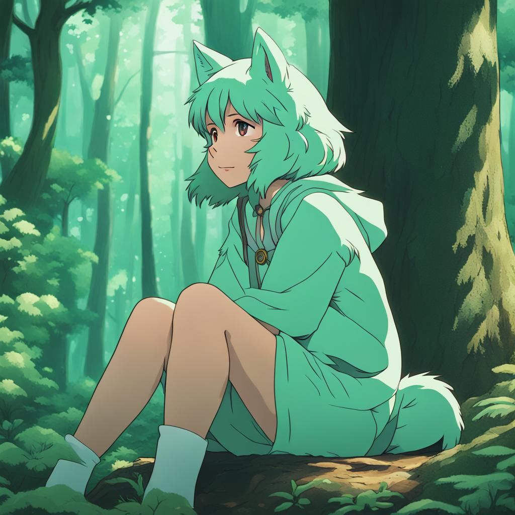 Mint Green Anthro Wolf Girl in Ghibli Anime Style