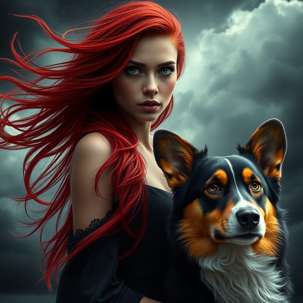 Majestic Red-Haired Woman and Noble Tri-Color Corgi in Moody...