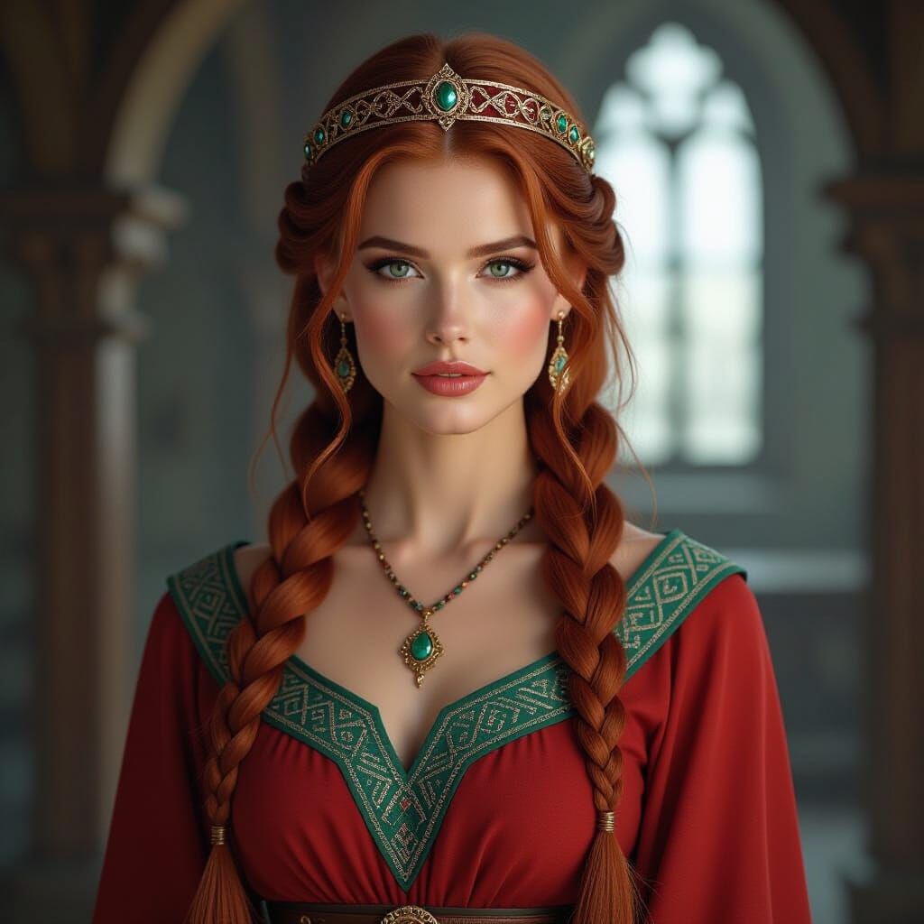 Viking Goddess Hnoss with Auburn Hair, Digital Matte Paintin...