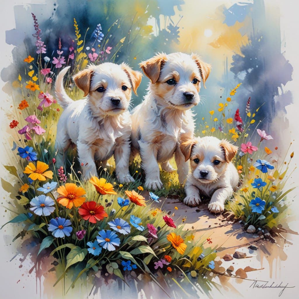 Puppies on Wildflower Path as Expressionist Impasto Painting