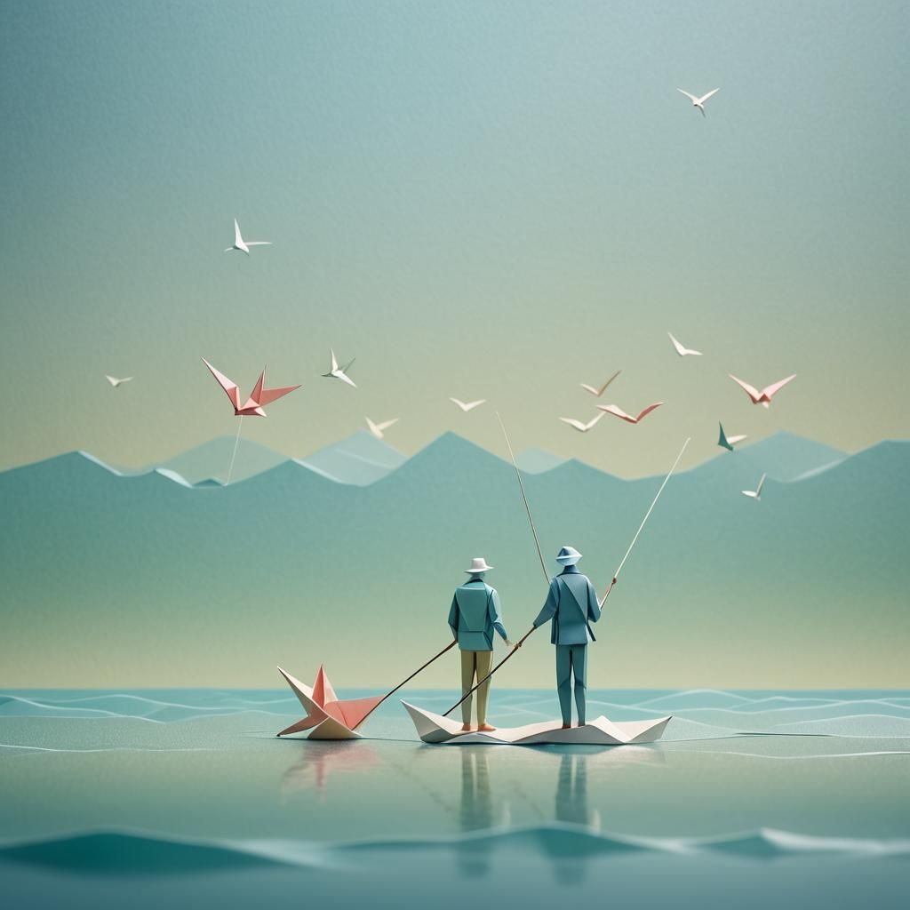 Minimalist Origami Fisherman in Pastel Colors