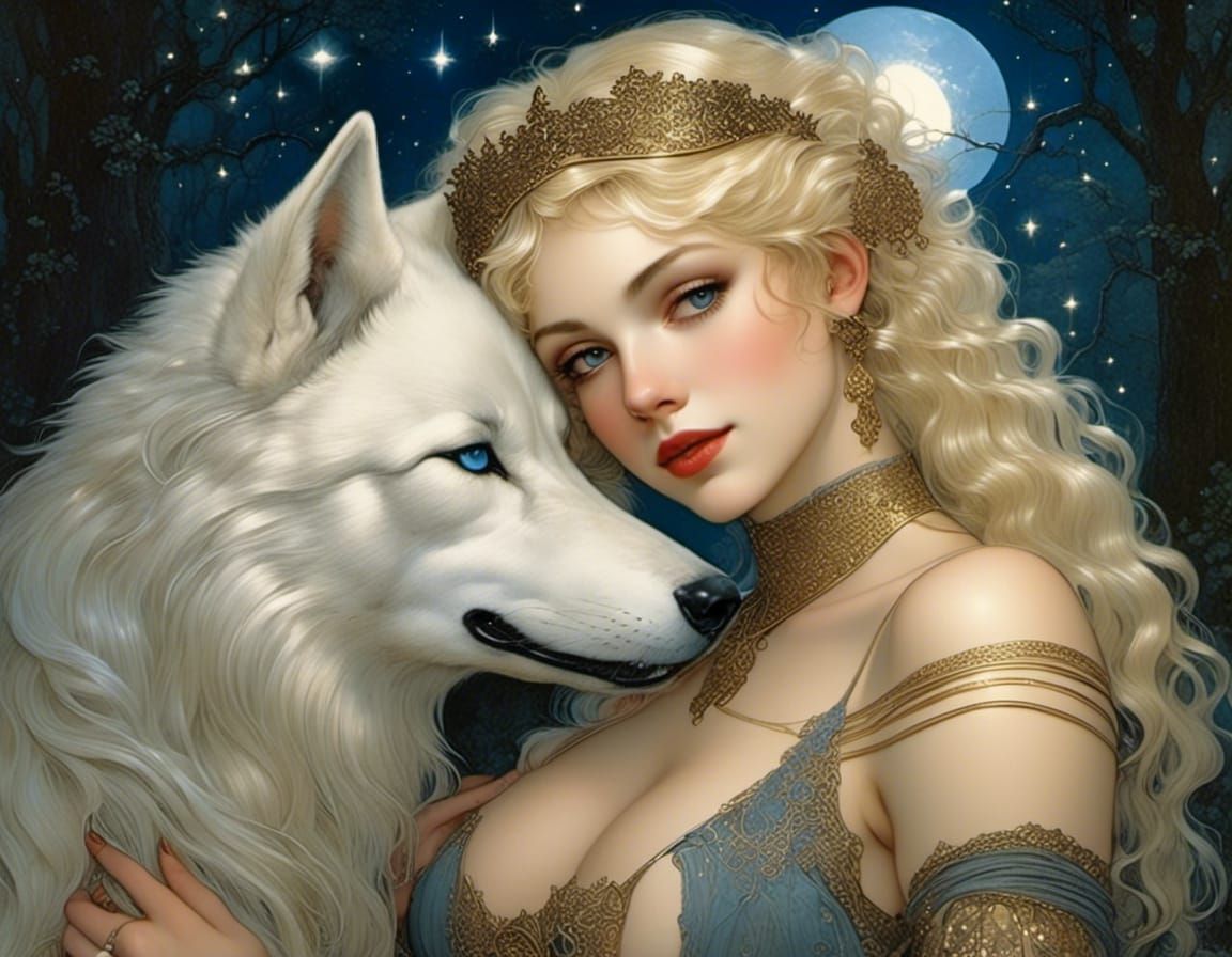 Nighttime Portrait of Woman with Wolf Companion