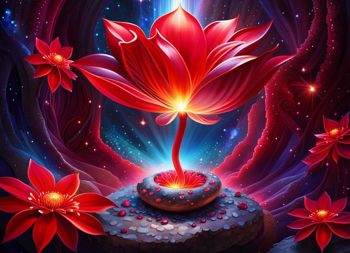 Magical Scarlet Flower in Enchanting Cave, Fantasy Art